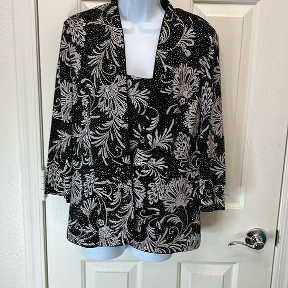 Alex Evening Twin Set Sz Large Diamond Glitter Scoop Neck Tank 3/4 Sleeve Jacket - Picture 1 of 16